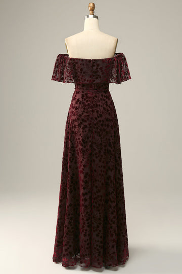 Burgundy Flower Off The Shoulder Ball Evening Dress